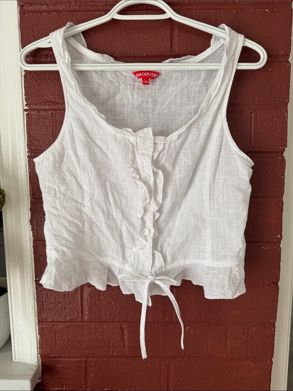 HAODUOYI White Ruffle Button-Front Tie-Waist Tank Top Medium